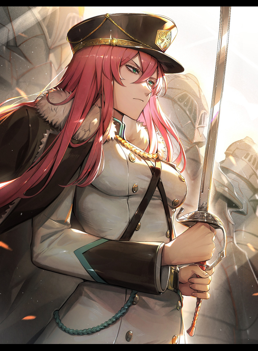 1girl, armor, black_clover, buttons, closed_mouth, coat, full_armor, fur-trimmed_coat