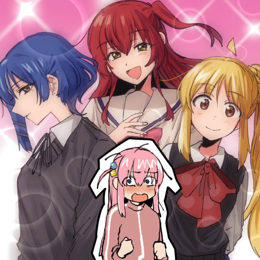 4girls, :d, ahoge, arms_behind_back, black_ribbon, blonde_hair, blue_eyes, blue_hair, blush, bocchi_the_rock!, bow, bowtie, brown_eyes, closed_mouth, collared_shirt, cube_hair_ornament, detached_ahoge, gotou_hitori, grey_vest, hair_between_eyes, hair_ornament, hand_on_own_chest, highres, ijichi_nijika, jacket, kita_ikuyo, long_hair, long_sleeves, looking_at_viewer, mole, mole_under_eye, multiple_girls, neck_ribbon, one_side_up, open_mouth, pink_hair, pink_jacket, profile, red_bow, red_bowtie, redhead, ribbon, school_uniform, shimokitazawa_high_school_uniform, shirt, shizune_(sznxb), short_hair, shuka_high_school_uniform, side_ponytail, sidelocks, smile, sparkle, track_jacket, upper_body, very_long_hair, vest, white_shirt, yamada_ryou, yellow_eyes