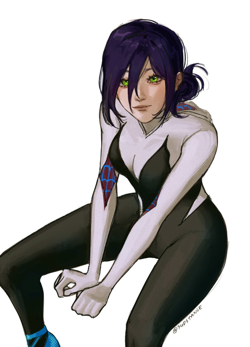 1girl, bodysuit, breasts, chainsaw_man, cosplay, green_eyes, gwen_stacy, hair_bun