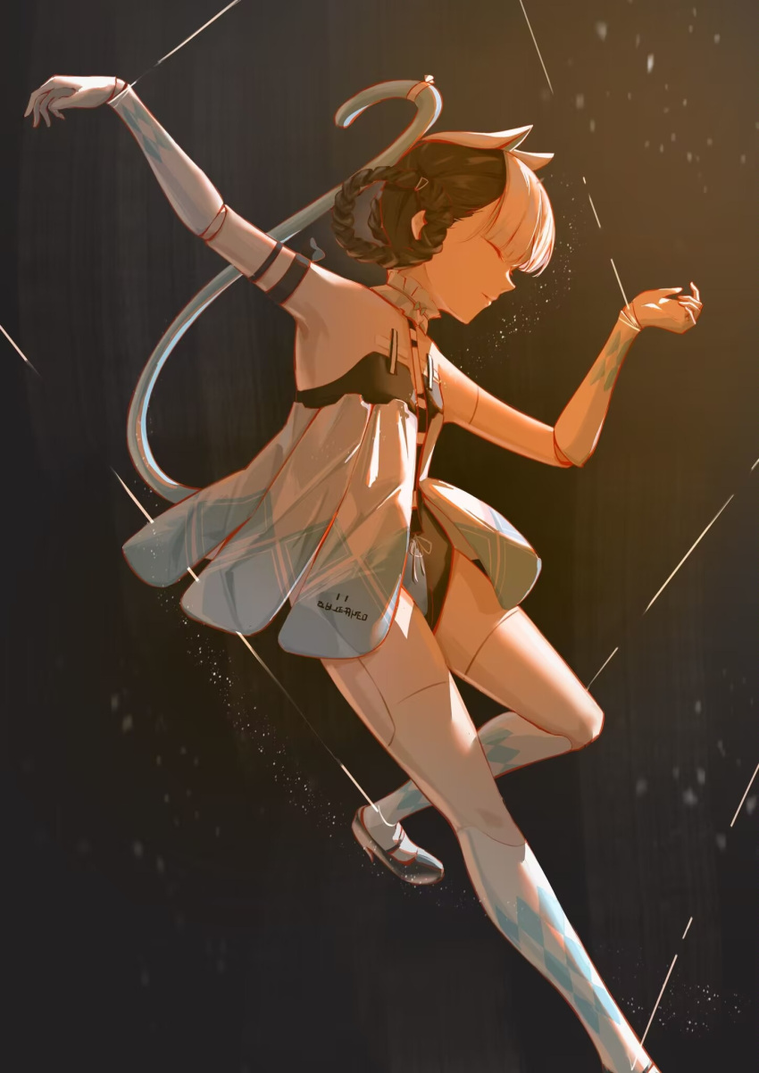 1girl, animal_ears, black_hair, bombinata_(punishing:_gray_raven), braid, cat_ears, cat_tail, closed_eyes