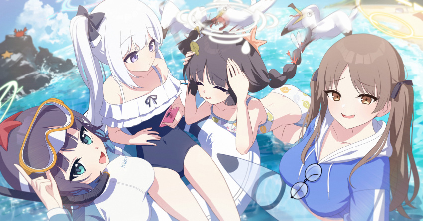 4girls, absurdres, aqua_eyes, beach, bikini, bird, black_hair, blue_archive
