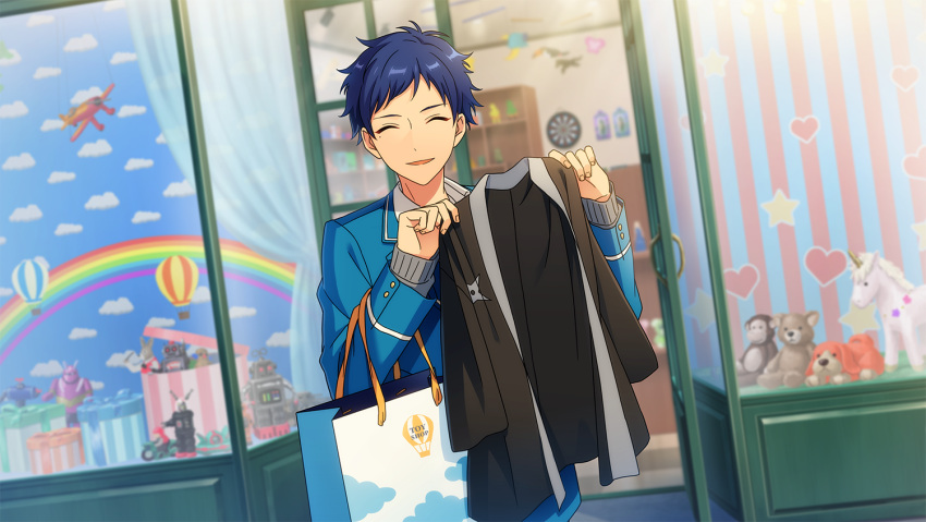 1boy, aircraft, airplane, bag, blazer, blue_hair, blue_jacket, closed_eyes
