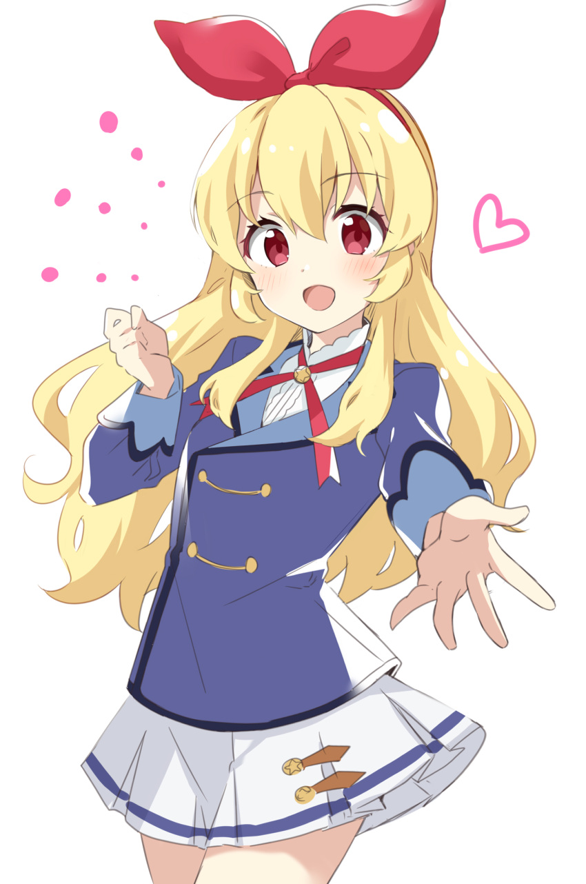 1girl, :d, aikatsu!, aikatsu!_(series), blonde_hair, blue_jacket, blush, bow