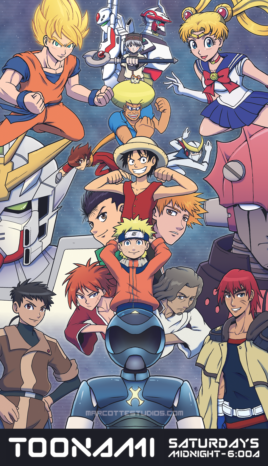 .hack//, .hack//sign, 1girl, 1other, 6+boys, arms_behind_head, belt, big_o_(mecha)