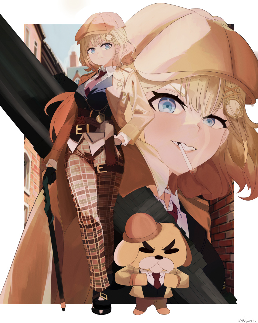 1girl, @_(symbol), absurdres, belt, blonde_hair, blue_eyes, cane, cigarette