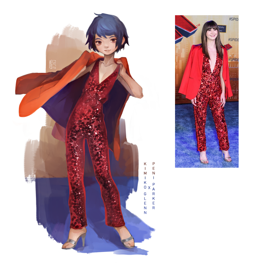 1girl, blue_hair, brown_eyes, covered_navel, covered_nipples, high_heels, holding, holding_clothes, holding_jacket, jacket, kimiko_glenn, looking_at_viewer, mimmolka, open_mouth, peni_parker, photo-referenced, real_life, short_hair, simple_background, solo, solo_focus, standing, suit_jacket, voice_actor, white_background