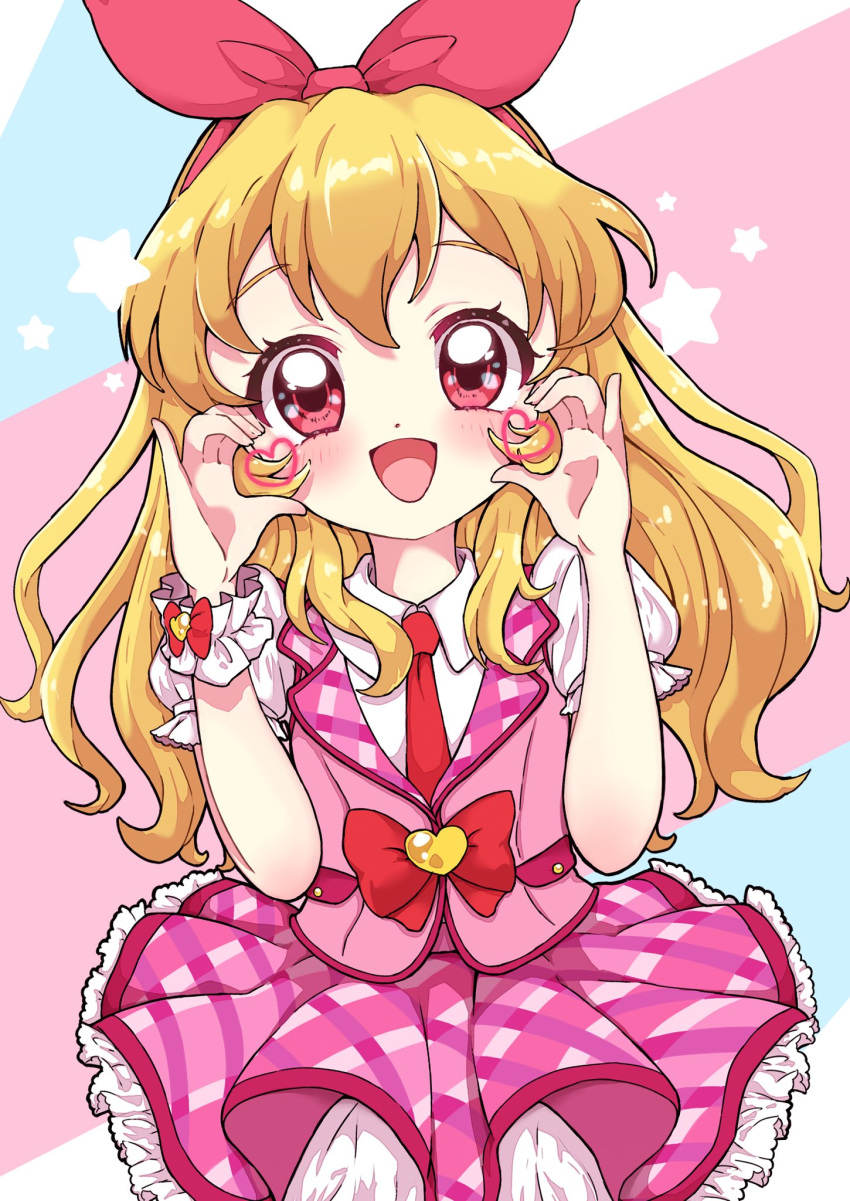 1girl, :d, aikatsu!, aikatsu!_(series), blonde_hair, blush, bow, commentary, frilled_skirt, frills, hair_bow, hairband, hands_up, heart, highres, hoshimiya_ichigo, idol_clothes, long_hair, looking_at_viewer, mrh_maruhi, necktie, open_mouth, pink_skirt, pink_vest, puffy_short_sleeves, puffy_sleeves, red_bow, red_eyes, red_hairband, red_necktie, shirt, short_sleeves, skirt, smile, solo, star_(symbol), symbol-only_commentary, vest, white_shirt, wrist_cuffs