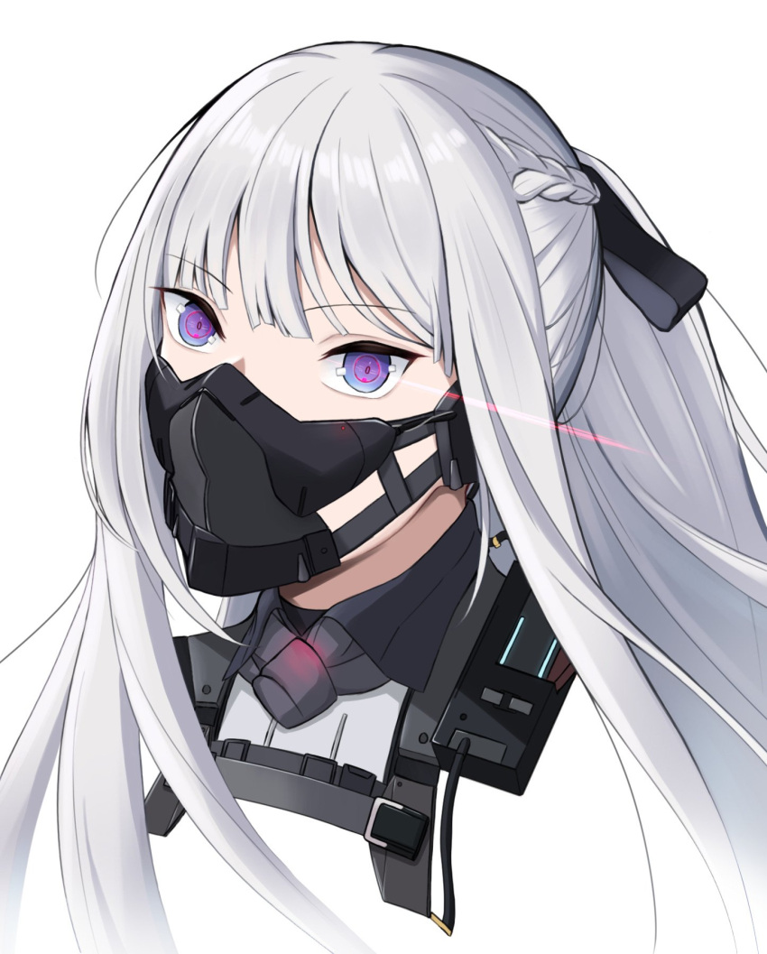1girl, ak-12_(girls'_frontline), black_mask, black_ribbon, blue_eyes, blunt_bangs, braid, citrus7763