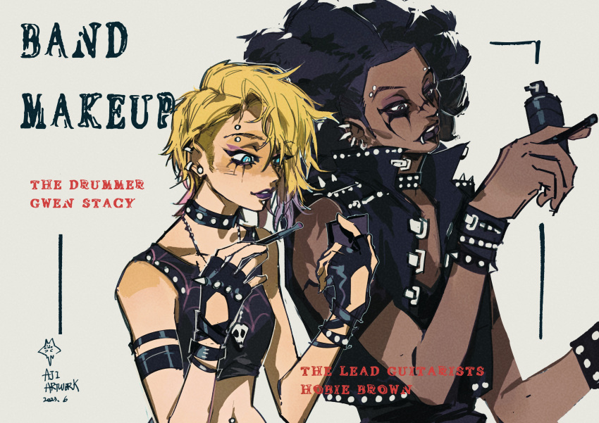 1boy, 1girl, 2023, absurdres, afro, black_eyeliner, black_hair, black_lips, blonde_hair, blue_eyes, chinese_commentary, collar, dark-skinned_male, dark_skin, ear_piercing, eyebrow_piercing, eyeliner, fingerless_gloves, gloves, grey_background, groongloon, gwen_stacy, highres, hobie_brown, lip_piercing, lipstick, looking_at_object, makeup, marvel, multicolored_hair, navel, navel_piercing, nose_piercing, piercing, purple_eyeliner, purple_lips, signature, simple_background, spider-man:_across_the_spider-verse, spider-man_(series), streaked_hair