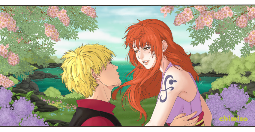 1boy, 1girl, arm_tattoo, artist_name, bare_shoulders, blonde_hair, chimiso, earrings, facial_hair, flower, highres, jewelry, long_hair, looking_at_another, nami_(one_piece), one_piece, orange_hair, sanji_(one_piece), short_hair, smile, tattoo
