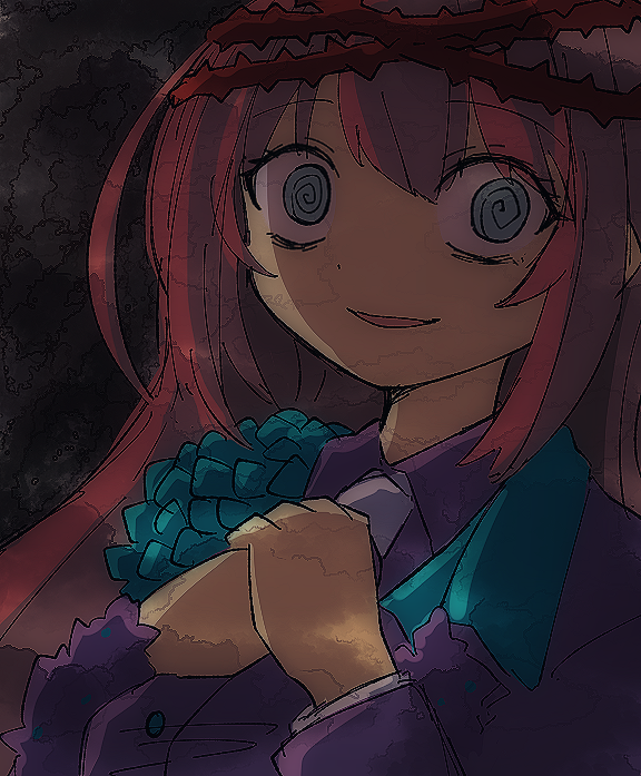 1girl, @_@, blue_eyes, breasts, collared_shirt, commentary_request, crazy_eyes, crown_of_thorns