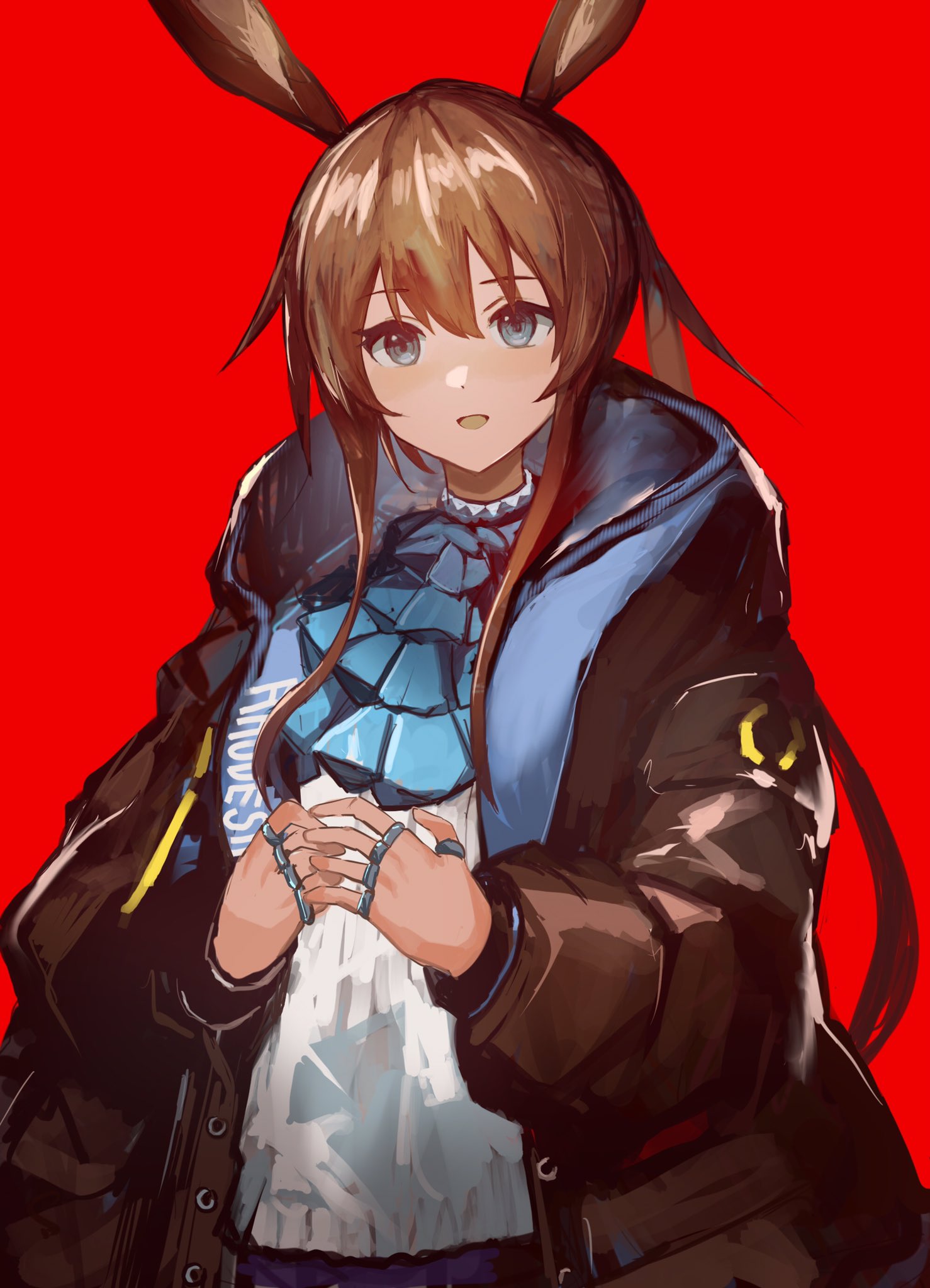 1girl, amiya_(arknights), animal_ears, arknights, ascot, black_jacket, blue_ascot, blue_eyes, brown_hair, choker, hair_between_eyes, highres, hood, hood_down, jacket, jewelry, long_hair, long_sleeves, looking_at_viewer, multiple_rings, open_mouth, ponytail, puffy_sleeves, rabbit_ears, red_background, ring, ruyu_(txzy22), shirt, simple_background, solo, very_long_hair, white_shirt