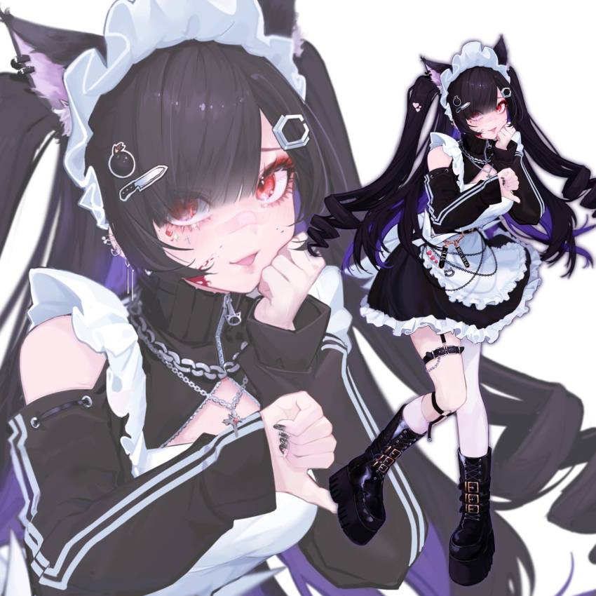 1girl, :d, alternate_costume, animal_ear_fluff, animal_ears, apron, asymmetrical_legwear, bandaid
