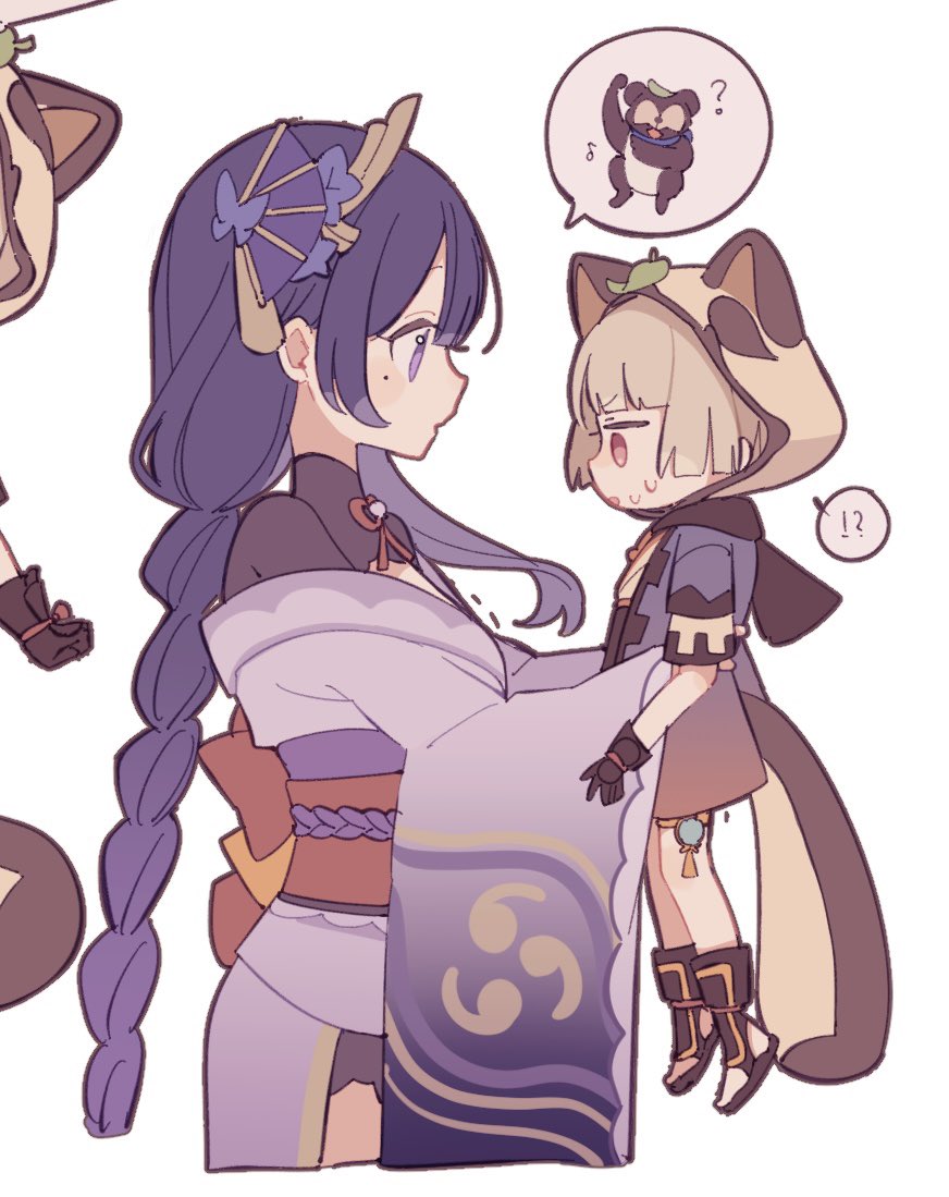 !?, 2girls, animal_hood, ayase_(user_ytjw3843), blunt_bangs, braid, genshin_impact, hair_ornament