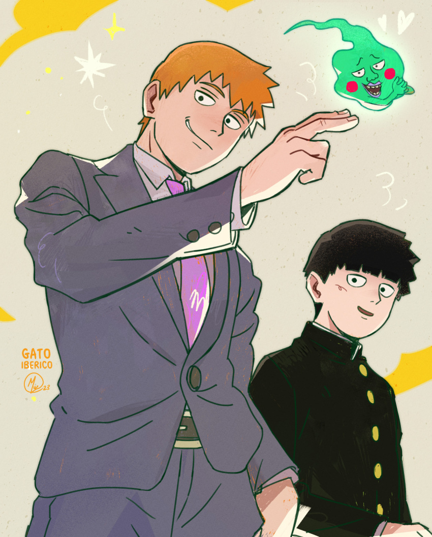 2boys, artist_name, black_eyes, black_hair, blonde_hair, bowl_cut, buttoned_cuffs, buttons, collared_shirt, commentary, ekubo_(mob_psycho_100), english_commentary, gakuran, gatoiberico, grey_background, grey_jacket, grey_pants, grey_suit, hand_in_pocket, hand_up, highres, jacket, kageyama_shigeo, long_sleeves, looking_at_viewer, male_focus, mob_psycho_100, multiple_boys, necktie, own_hands_together, pants, purple_necktie, reigen_arataka, school_uniform, shirt, short_hair, simple_background, smile, spirit, suit