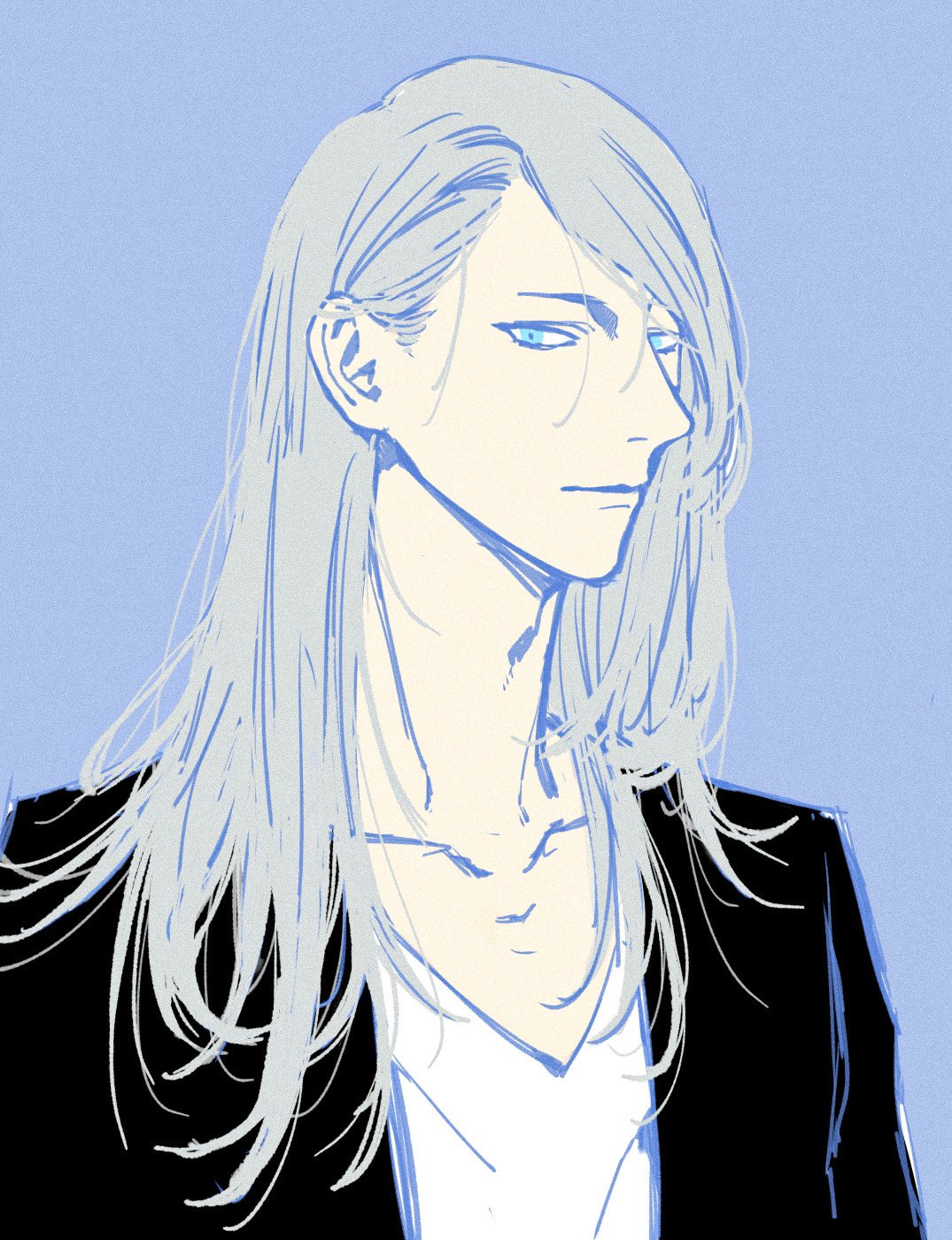 1boy, abareketchup, alternate_hair_color, aqua_background, black_jacket, blue_eyes, collarbone, fate/grand_order, fate_(series), highres, jacket, long_hair, looking_at_viewer, male_focus, open_clothes, open_jacket, shirt, simple_background, solo, tezcatlipoca_(fate), upper_body, white_hair, white_shirt