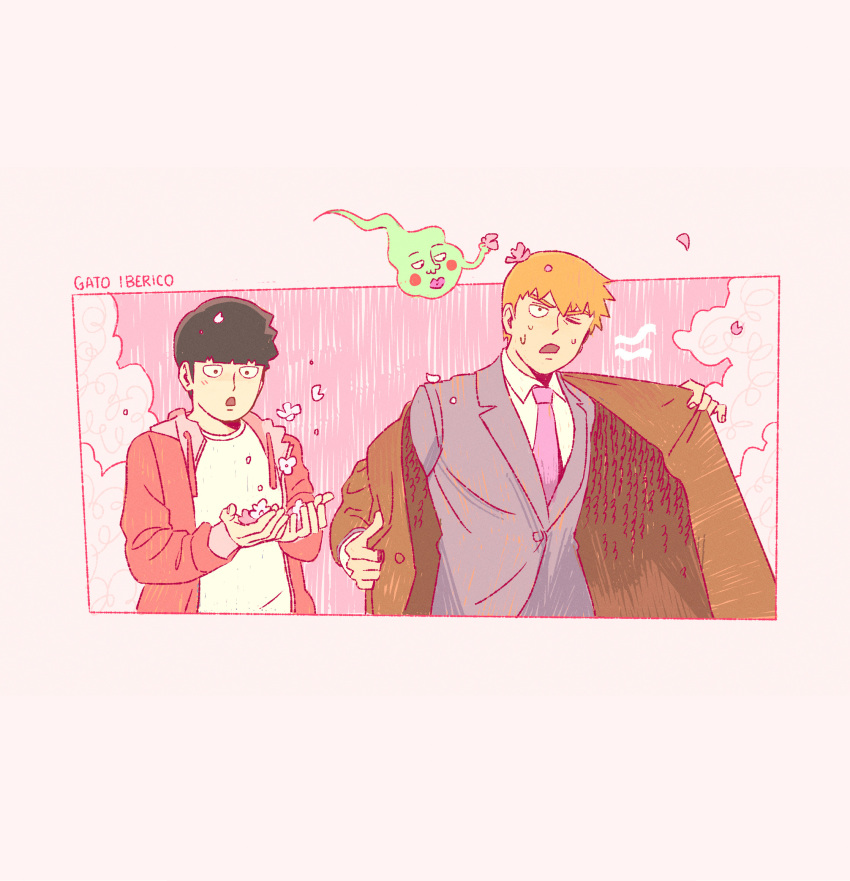 2boys, artist_name, black_hair, blonde_hair, brown_jacket, commentary, ekubo_(mob_psycho_100), english_commentary