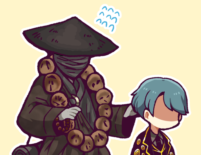 2boys, aqua_hair, bead_necklace, beads, black_headwear, black_jacket, black_vest, clouded_monk, collared_shirt, commentary_request, employee_(lobotomy_corporation), faceless, faceless_male, flying_sweatdrops, grey_shirt, hat, hatake_shimeji, jacket, jewelry, lobotomy_corporation, long_sleeves, male_focus, multiple_boys, necklace, outline, project_moon, shirt, short_hair, simple_background, vest, white_outline, yellow_background