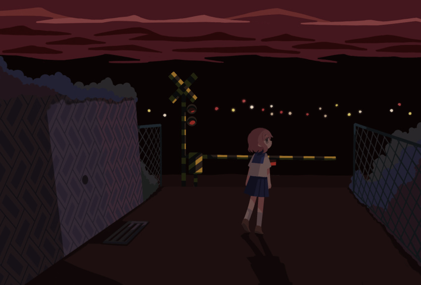 1girl, arms_at_sides, blue_sailor_collar, blue_skirt, brown_hair, chain-link_fence, city_lights, closed_mouth