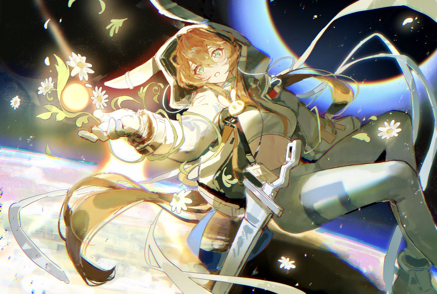 1girl, absurdres, amiya_(arknights), amiya_(guard)_(touch_the_stars)_(arknights), animal_hood, arknights, brown_hair, crop_top