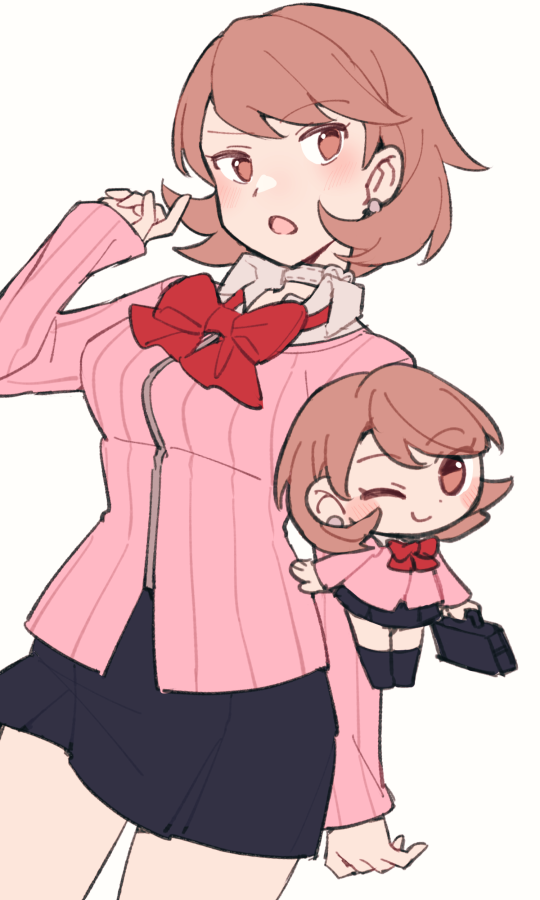 1girl, bag, black_skirt, blush, bow, bowtie, brown_hair, cardigan, chibi, choker, collared_shirt, commentary, cowboy_shot, do_m_kaeru, earrings, eyelashes, gekkoukan_high_school_uniform, hand_up, holding, jewelry, long_sleeves, looking_at_viewer, medium_hair, miniskirt, multiple_views, one_eye_closed, open_mouth, persona, persona_3, pink_cardigan, red_bow, red_bowtie, school_bag, school_uniform, shirt, simple_background, skirt, smile, takeba_yukari, thighs, white_choker, white_shirt