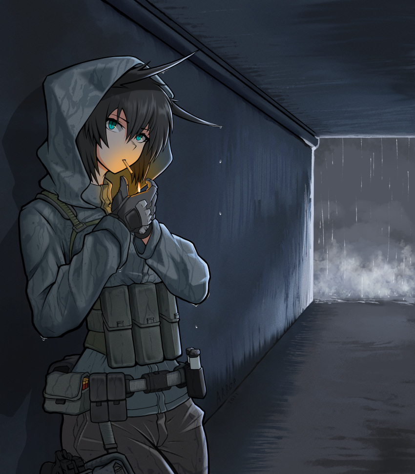 1girl, absurdres, animal_ears, arbor_spirit, black_hair, blue_eyes, chest_rig, fox_ears