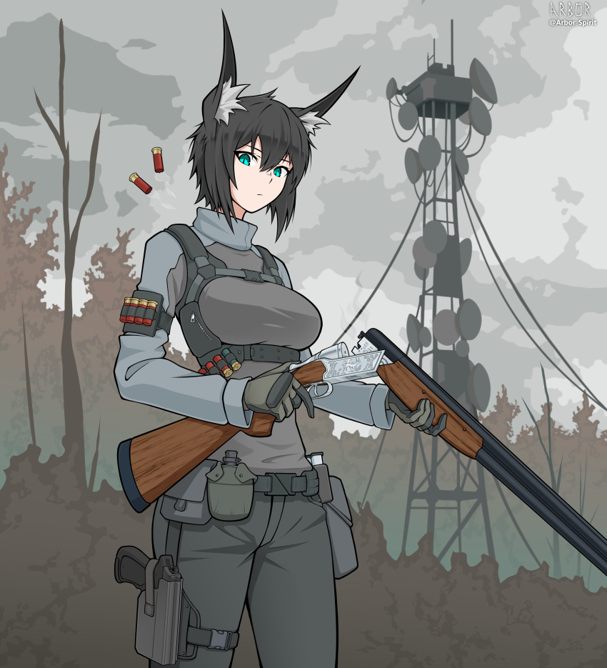 1girl, absurdres, animal_ears, arbor_spirit, artist_name, black_hair, blue_eyes, breasts, canteen, double-barreled_shotgun, expressionless, fox_ears, fox_girl, green_pants, grey_shirt, gun, handgun, highres, holster, looking_at_viewer, original, pants, reloading, shirt, shotgun, shotgun_shell, solo, thigh_holster, weapon