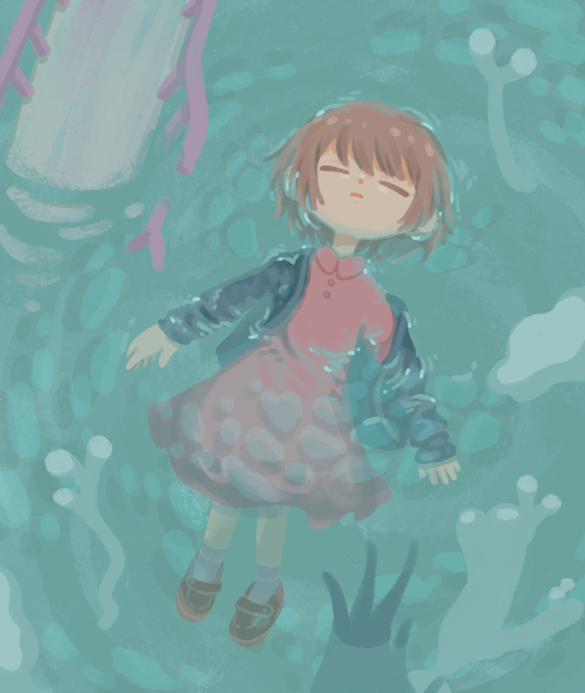 1girl, afloat, blue_jacket, brown_hair, closed_eyes, closed_mouth, collared_dress, commentary_request
