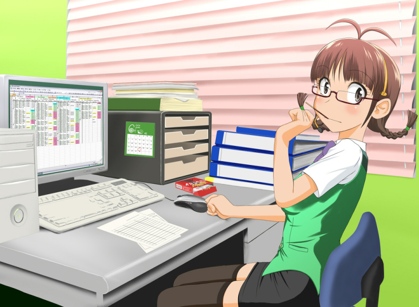 akizuki_ritsuko, antenna_hair, araragi_yuuichi, black_thighhighs, braid, brown_eyes, brown_hair, computer