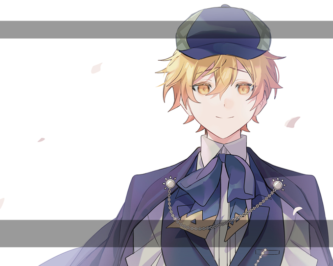 1boy, blonde_hair, blue_bow, blue_bowtie, blue_headwear, blue_vest, bow, bowtie
