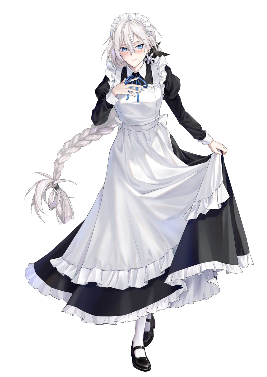 1girl, absurdres, alternate_costume, apc556_(girls'_frontline), blue_eyes, blue_ribbon, blush, braid
