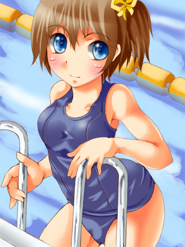 brown_hair, iwato, iwato_(celler), one-piece_swimsuit, original, pool, poolside, school_swimsuit