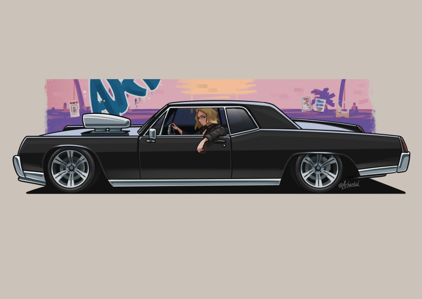 1girl, absurdres, arhentol, black_jacket, blonde_hair, blue_eyes, car, commission, driving, engine, english_commentary, from_side, grand_theft_auto, grand_theft_auto_v, grey_background, highres, jacket, lowrider, motor_vehicle, muscle_car, original, shadow, short_hair, solo, twitter_username, vapid_chino, vehicle_focus