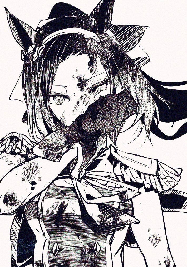 1girl, animal_ears, ascot, breasts, dirty, dirty_clothes, dirty_face, dress, epaulettes, flower-shaped_pupils, gloves, greyscale, hairband, hanaozi_hin, hand_up, horse_ears, long_hair, looking_at_viewer, monochrome, ponytail, sakura_bakushin_o_(umamusume), sleeveless, sleeveless_dress, small_breasts, smile, solo, symbol-shaped_pupils, umamusume, upper_body, wiping_face