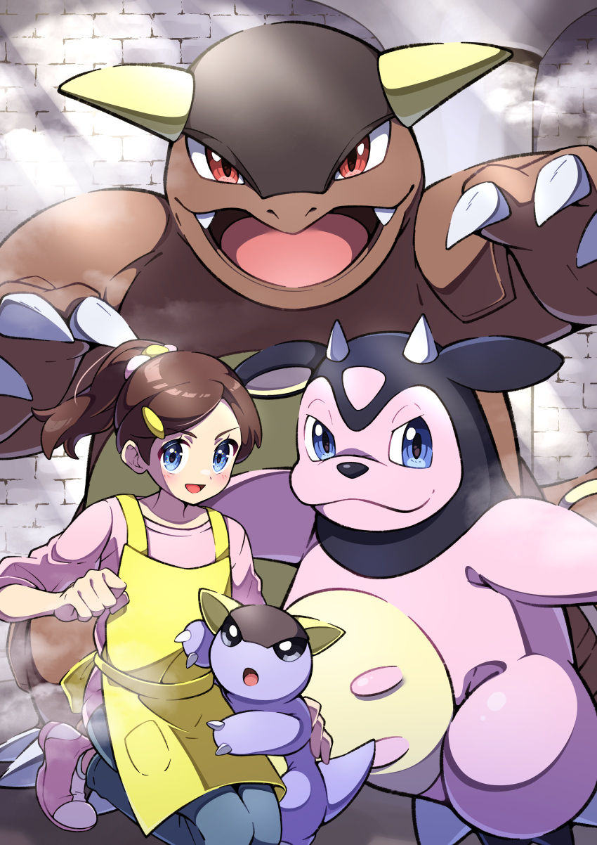 1girl, :d, absurdres, apron, blue_eyes, blush, brown_hair, clenched_hand, eyelashes, hand_up, highres, kangaskhan, kneeling, long_hair, miltank, nursery_aide_(pokemon), open_mouth, pants, pink_footwear, pink_shirt, pokemon, pokemon_(creature), pokemon_(game), pokemon_bw, pon_yui, ponytail, shirt, shoes, smile, sneakers, yellow_apron
