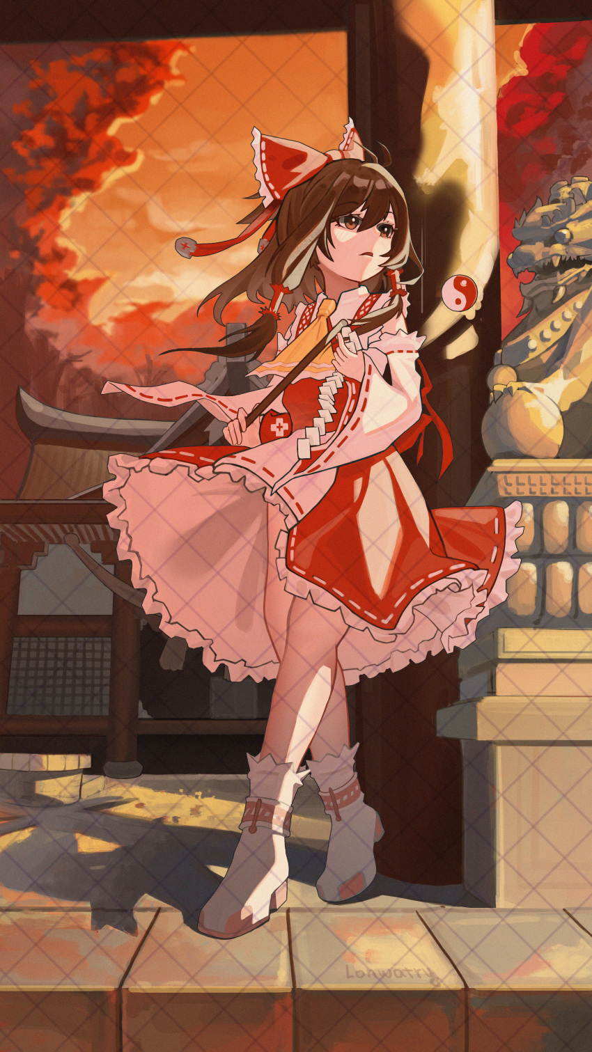 1girl, absurdres, bare_shoulders, bow, brown_eyes, brown_hair, detached_sleeves, frilled_skirt