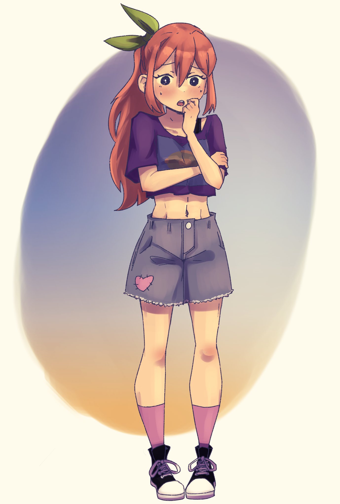 aubrey_(omori), black_footwear, blue_shorts, bow, crop_top, dendenmushi1064, denim, denim_shorts, green_bow, hair_bow, highres, long_hair, midriff, omori, pink_hair, pink_socks, purple_shirt, shirt, shoes, shorts, simple_background, sneakers, socks