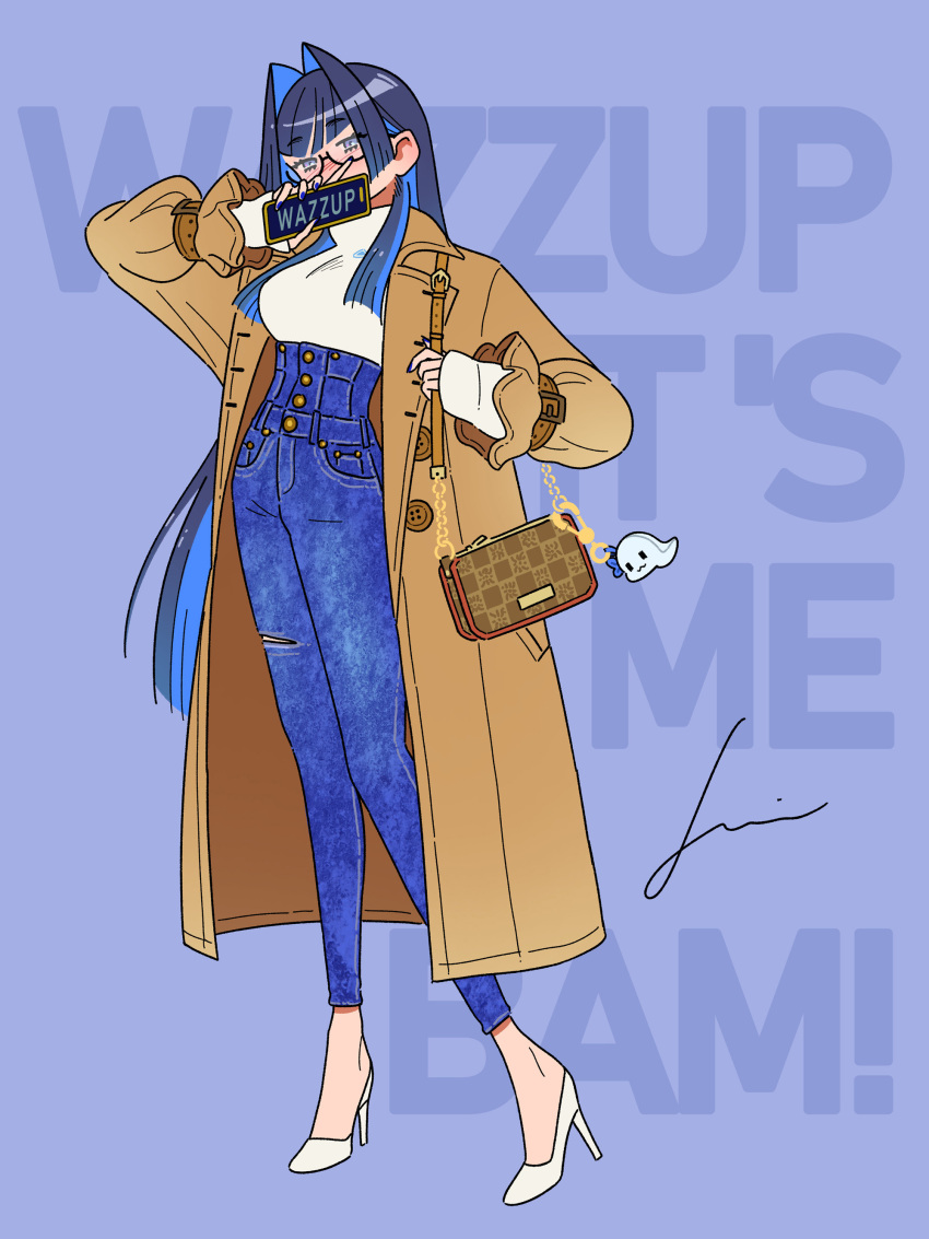 1girl, absurdres, arm_up, bag, blue_eyes, blue_hair, blue_nails, blue_pants, blunt_bangs, blush, boros_(ouro_kronii), breasts, brown_coat, cellphone, coat, colored_inner_hair, covering_mouth, denim, ear_piercing, english_text, fingernails, hair_intakes, hand_over_own_mouth, handbag, high-waist_pants, high_heels, highres, holding, holding_bag, holding_phone, hololive, hololive_english, jeans, jennie_congee, jewelry, long_hair, long_legs, long_sleeves, looking_at_viewer, multicolored_hair, nail_polish, official_alternate_costume, open_clothes, open_coat, ouro_kronii, ouro_kronii_(3rd_costume), pants, phone, piercing, shirt, shoes, signature, simple_background, smartphone, torn_clothes, torn_pants, trench_coat, turtleneck, two-tone_hair, very_long_hair, virtual_youtuber, white_background, white_footwear, white_shirt