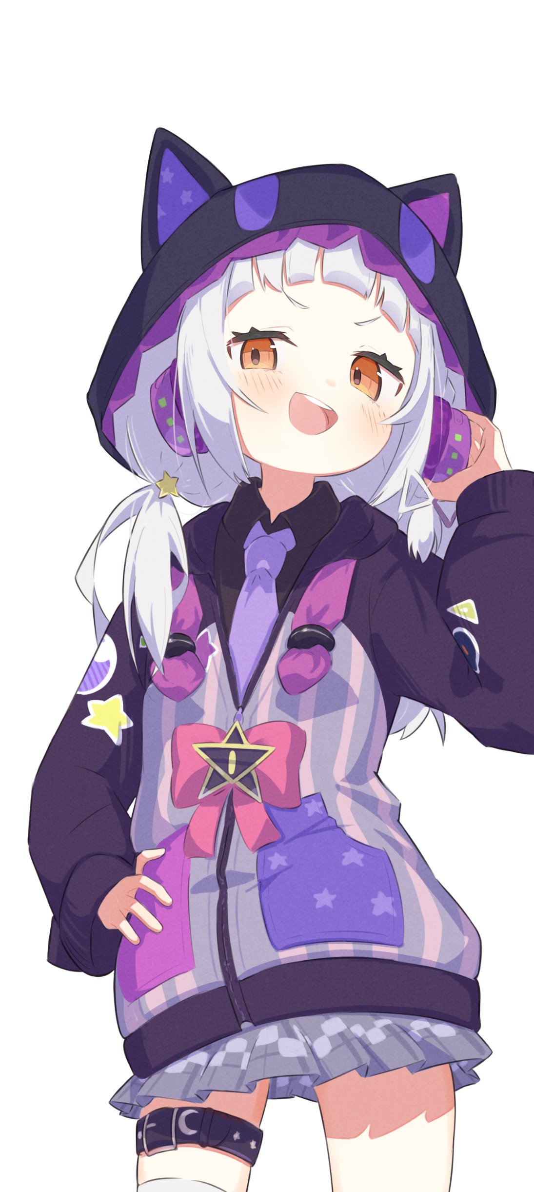 1girl, absurdres, adjusting_headphones, animal_hood, arched_bangs, blush, cat_hood, crescent, hand_on_own_hip, headphones, highres, hololive, hood, inaririn, long_hair, long_sleeves, looking_at_viewer, murasaki_shion, murasaki_shion_(7th_costume), necktie, open_mouth, orange_eyes, pleated_skirt, purple_necktie, school_uniform, skirt, star_(symbol), twintails, virtual_youtuber, white_hair
