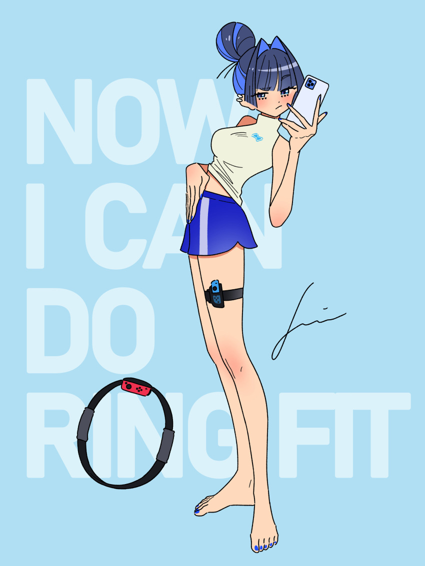 1girl, absurdres, bare_shoulders, barefoot, blue_eyes, blue_hair, blue_nails, blue_pants, blunt_bangs, breasts, cellphone, colored_inner_hair, ear_piercing, english_text, feet, hair_bun, hair_intakes, hand_up, highres, holding, holding_phone, hololive, hololive_english, jennie_congee, joy-con, large_breasts, legs, long_legs, looking_at_viewer, multicolored_hair, nail_polish, official_alternate_costume, ouro_kronii, ouro_kronii_(3rd_costume), pants, phone, piercing, shirt, short_shorts, shorts, signature, simple_background, sleeveless, smartphone, thigh_strap, toes, turtleneck, two-tone_hair, virtual_youtuber, white_shirt