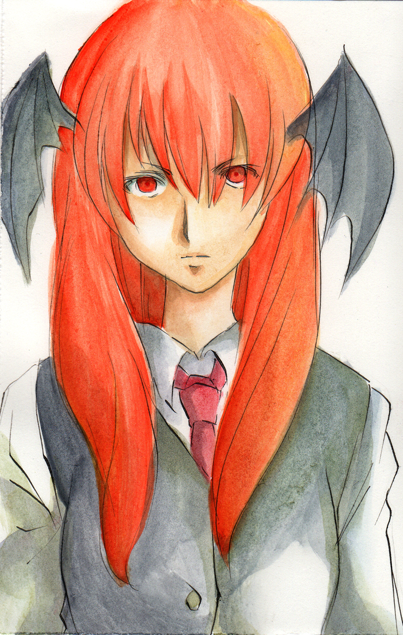 devil, head_wings, koakuma, long_hair, necktie, orange_hair, serious, simple_background