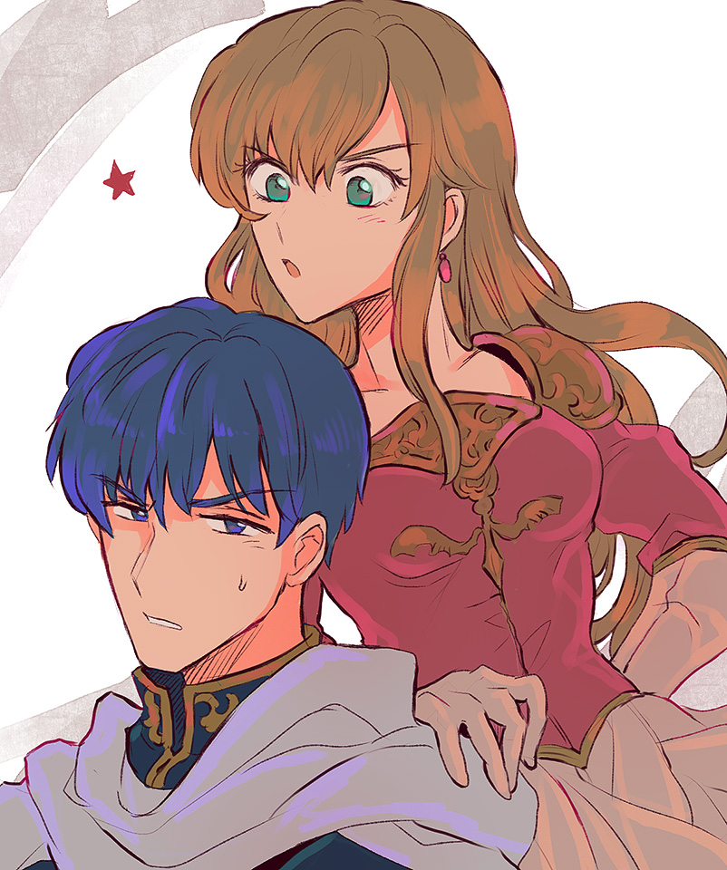 1boy, 1girl, angry, blonde_hair, blue_coat, blue_eyes, blue_hair, cape