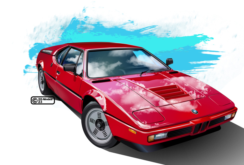 artist_name, bmw, bmw_m1, car, copyright_name, dated, highres, motor_vehicle, nimbus_goldbrum, no_humans, original, red_car, vehicle_focus