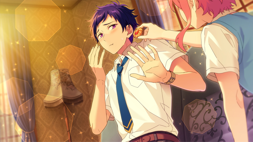 2boys, belt, blue_hair, blush, breast_pocket, brown_belt, closed_mouth, collared_shirt