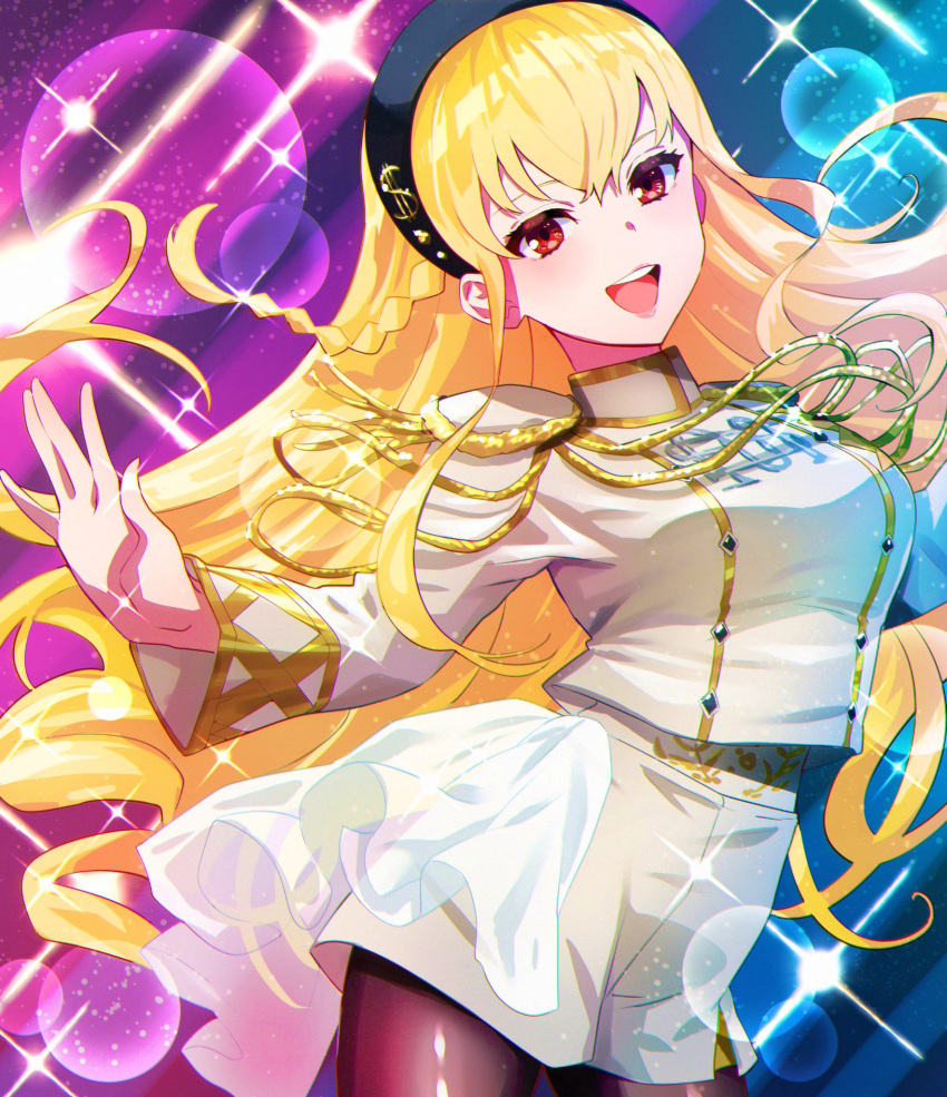 1girl, :d, aiguillette, black_hairband, blonde_hair, braid, commentary_request, denonbu