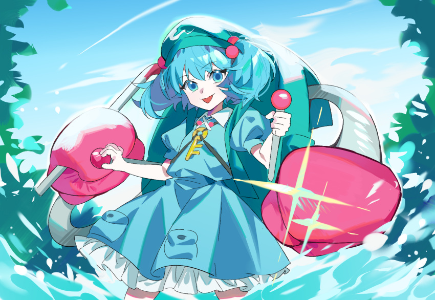 1girl, :p, backpack, bag, blue_dress, blue_eyes, blue_hair, boxing_gloves