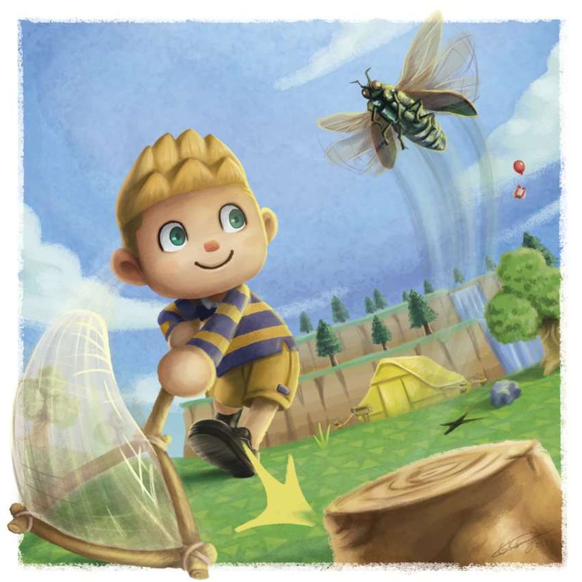 1boy, animal_crossing, balloon, black_footwear, blonde_hair, blue_sky, border, bug