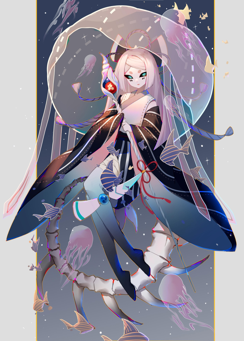 1girl, absurdres, bakekujira, bandaged_leg, bandages, barefoot, black_bow, black_kimono