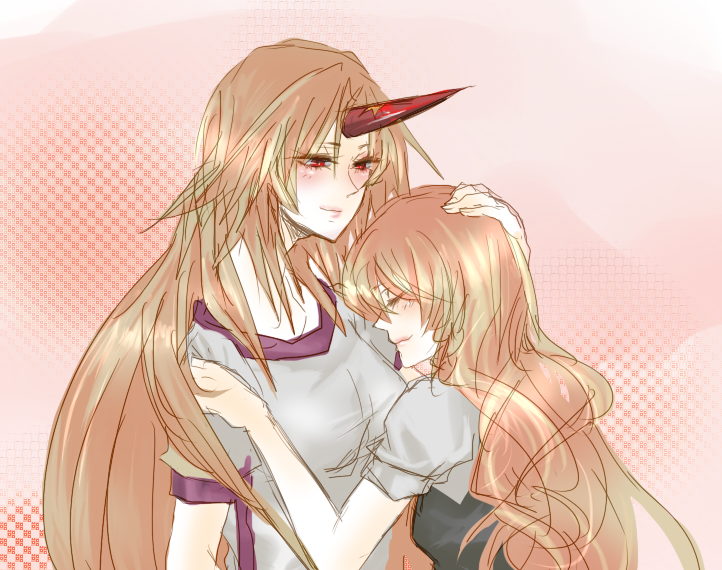 bad_id, blonde_hair, blush, closed_eyes, hand_on_head, hand_on_shoulder, horn, hoshiguma_yuugi