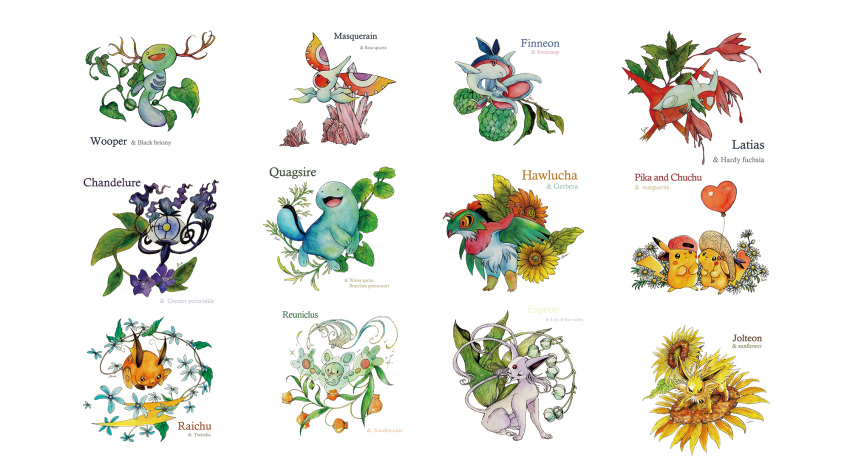 backwards_hat, balloon, beak, berry, black_eyes, blue_flower, bright_pupils, chandelure, character_name, crystal, english_text, espeon, finneon, flower, forehead_jewel, frown, fuchsia_(flower), gerbera, hat, hawlucha, heart_balloon, highres, holding, holding_balloon, jolteon, latias, leaf, lily_of_the_valley, masquerain, multiple_tails, no_humans, open_mouth, orange_eyes, orange_flower, pawpads, periwinkle_(flower), pikachu, plant, pokemon, pokemon_(creature), purple_flower, purple_fur, quagsire, raichu, red_flower, red_headwear, reuniclus, rose_quartz_(gemstone), shie-k, signature, simple_background, solid_circle_eyes, sun_hat, sunflower, tail, traditional_media, tweedia, two_tails, white_background, white_eyes, white_flower, white_pupils, wooper, yellow_flower, yellow_fur